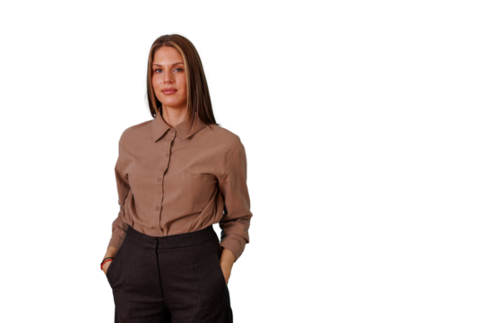 Businesswoman standing confidently, posing with hands in pockets, wearing a button-up shirt and trousers, transparent background - Powered by Adobe