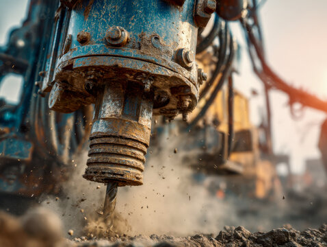 Close-up view of industrial machinery drilling into rocky soil with dust and debris flying during heavy construction work at a site under sunlight