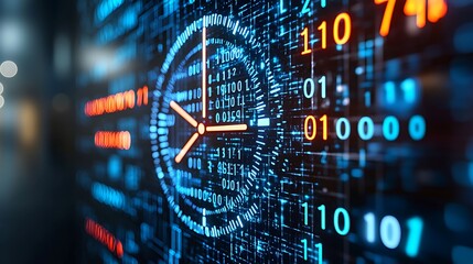Digital clock with glowing binary code and abstract data lines, symbolizing technology and time.
