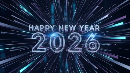 Happy new year 2026 celebration with abstract light trails and dark background