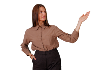 Businesswoman presenting with open hand gesture, looking forward, explaining market strategy, communicating concept, transparent background