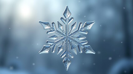 Exquisite crystalline snowflake shimmering with icy brilliance, presented against a tranquil, blurred winter backdrop, capturing the delicate artistry of nature and the festive spirit of the season