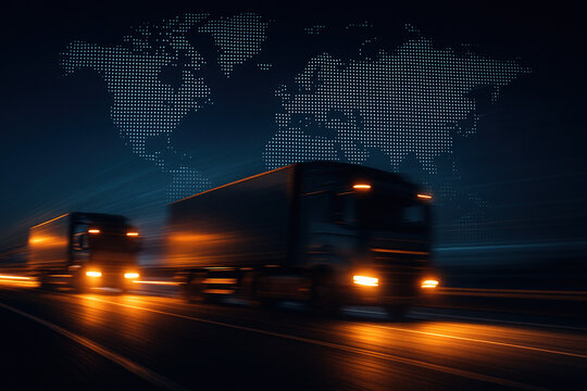 Global Logistics: Trucks Delivering Goods Under a Digital World Map Overlay