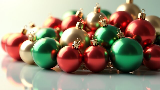 A vibrant collection of gleaming red, green, and gold holiday baubles arranged together, creating a festive and cheerful atmosphere perfect for seasonal celebrations and decorative backgrounds