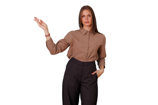 Confident young businesswoman presenting and gesturing to the side, looking at camera in smart casual clothing, transparent background - Powered by Adobe