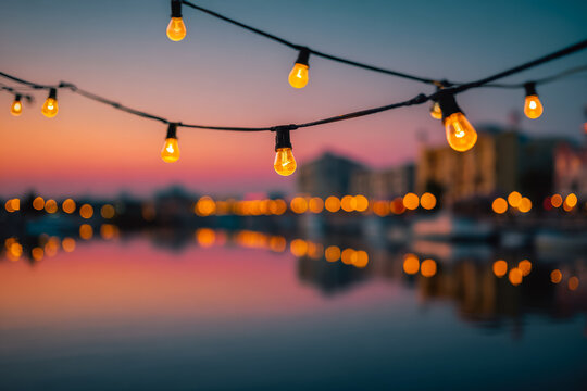 Warm glowing string lights hanging over calm waterfront during colorful sunset with softly blurred cityscape in the background creating a cozy atmosphere