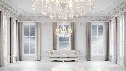 Elegant winter living room with luxurious chandelier and snowy window views zoom background 