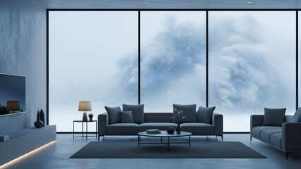 Modern living room with snowfall view offers cozy winter vibes zoom background 