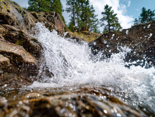 Dynamic view of splashing water in a rocky forest stream surrounded by lush green pine trees under a bright blue sky on a sunny day
