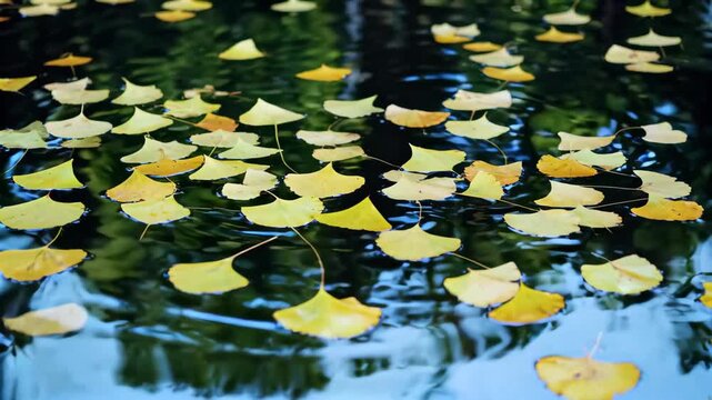 Ginkgo leaf material floating on the water