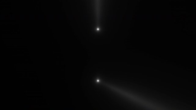 cosmic lights clash, twin luminous comets dart across shadowed celestial expanse