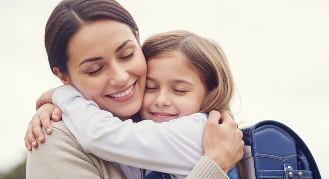 Mother embracing young schoolgirl daughter with backpack outdoors in spring - Powered by Adobe
