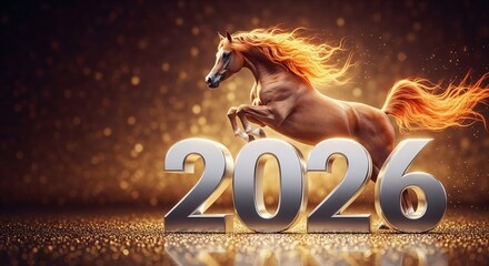 Majestic horse leaping beside silver 2026 year sign on sparkling background  