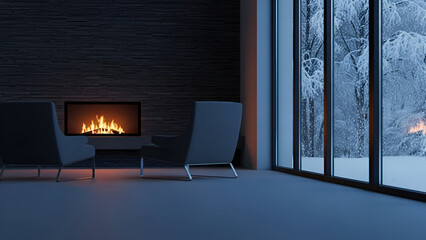 Cozy winter escape near crackling fireplace with snowy view from modern chalet winter zoom background 