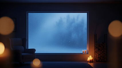 winter zoom background Relaxing winter night indoors watching snowfall by the window with candle light