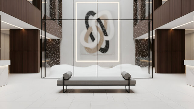 winter zoom background Modern lobby with stylish bench, art, and sleek design elements for sophistication