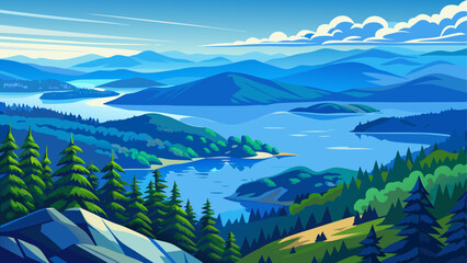 Very beautiful panoramic view of Lake Jocassee from a high overlook in a natural wilderness setting, featuring expansive blue water, rolling forested hills, and soft atmospheric depth without any iden