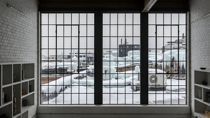 Dramatic winter scene through modern window with snow covered buildings outside winter zoom background 
