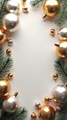 Fototapeta premium Christmas holiday background with gold and silver ornaments and pine branches, festive seasonal decoration, marketing campaign visual, advertising promotion image, website hero banner