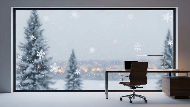 Cozy winter office workspace with snowy window view and Christmas tree scene winter zoom background  - Powered by Adobe