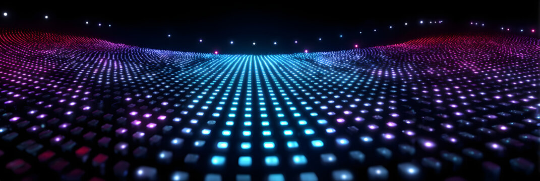 Authentic concave LED display for a wall or platform. Large TV display depicted in a vector illustration with neon blue and purple dot lights. Stadium digital scoreboard with diode lights - Powered by Adobe