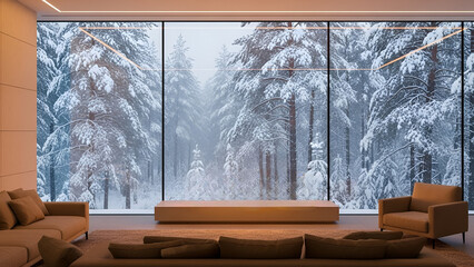 Cozy modern living room with stunning snowy winter forest view through window winter zoom background 