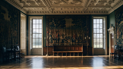 Grand hall with antique tapestry and ornate ceiling for elegant historical design winter zoom background 