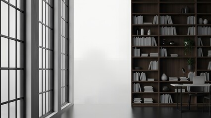 Modern home office interior with bookshelf, desk, and window for remote work winter zoom background 