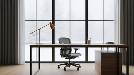Elegant modern workspace with stunning winter view, perfect for focus and creativity  zoom background 