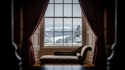 Elegant chaise lounge framing stunning winter mountain view from cozy interior zoom background 