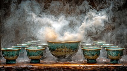 Ceramic bowls and cups with mystical steam rising on a dark wooden surface