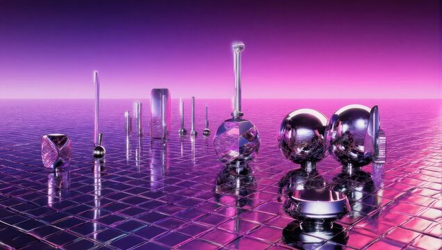 Futuristic Cityscape with Abstract Sculptures and Neon Glow.