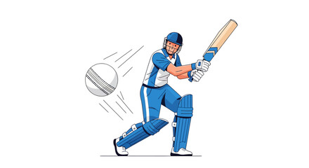 A cricket player with blue pads hits a ball with a bat