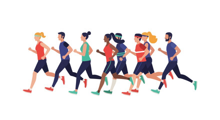 A diverse group of people running depicted in a simple modern vector style