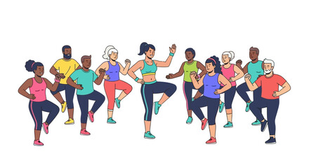 Obraz premium A diverse group of people are exercising together in a fitness class all doing a similar leg lift with raised arms