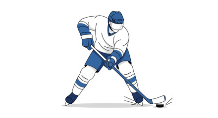 Obraz premium A hockey player in gear prepares to strike a puck with his stick on a white background