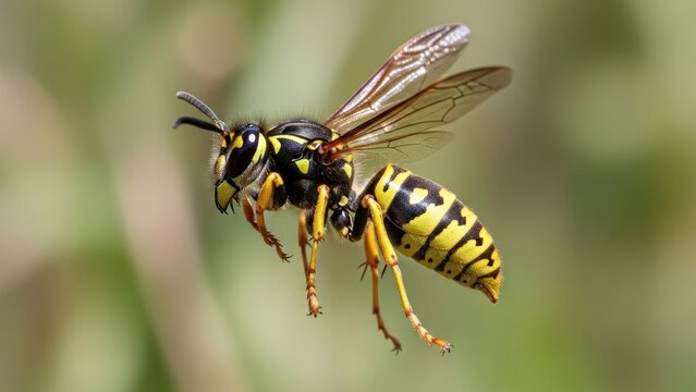 A wasp in flight with a blurred green background.