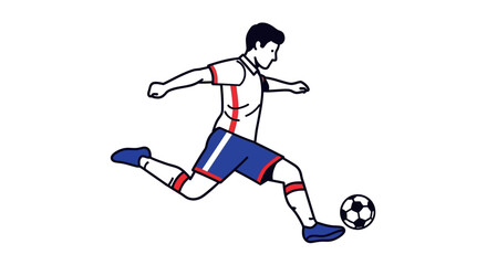 Fototapeta premium A soccer player with blue shorts kicks a soccer ball on a white background