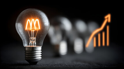 This captures the essence innovation symbolized by a glowing light bulb alongside key concepts strategy growth and business success which guide decision making in entrepreneurial ventures.