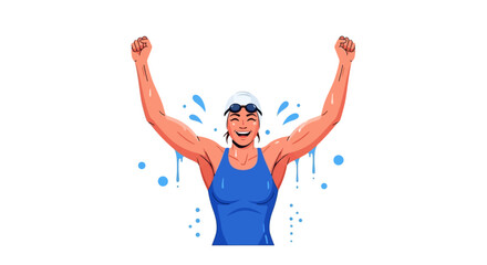 A swimmer raises their arms in victory surrounded by water droplets