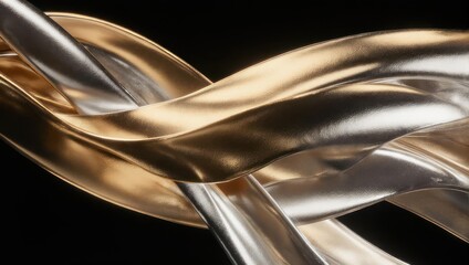 Abstract Metallic Ribbons Intertwined on Black Background, Gold and Silver.