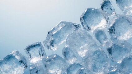 Obraz premium A refreshing pile of clear glistening ice cubes on a cool blue background.