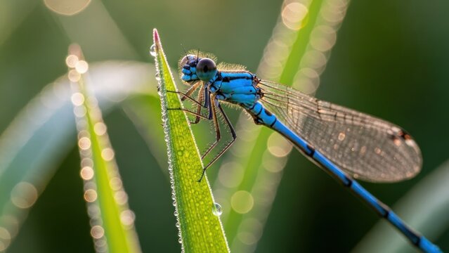 A blue dragonfly perched on a green leaf with dew drops. - Powered by Adobe