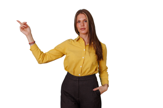 Businesswoman pointing finger, presenting concept or showing direction with confidence on transparent background - Powered by Adobe