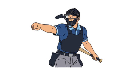 Baseball umpire in protective gear signals an out holding a bat