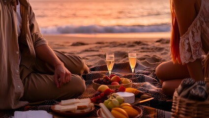 Romantic beach picnic at sunset with couple, champagne and fruit