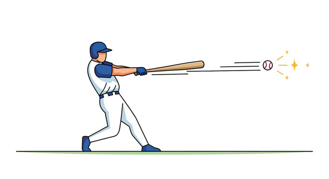 Baseball player swinging bat hitting ball