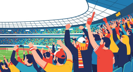 Crowd cheers in stadium people wave raise arms celebrating event in filled arena © Rohim