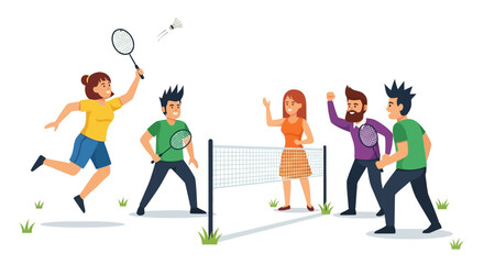 Five individuals playing badminton outdoors with a net rackets and a shuttlecock