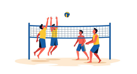 Four people play beach volleyball with a blue and yellow ball over a net © Rohim